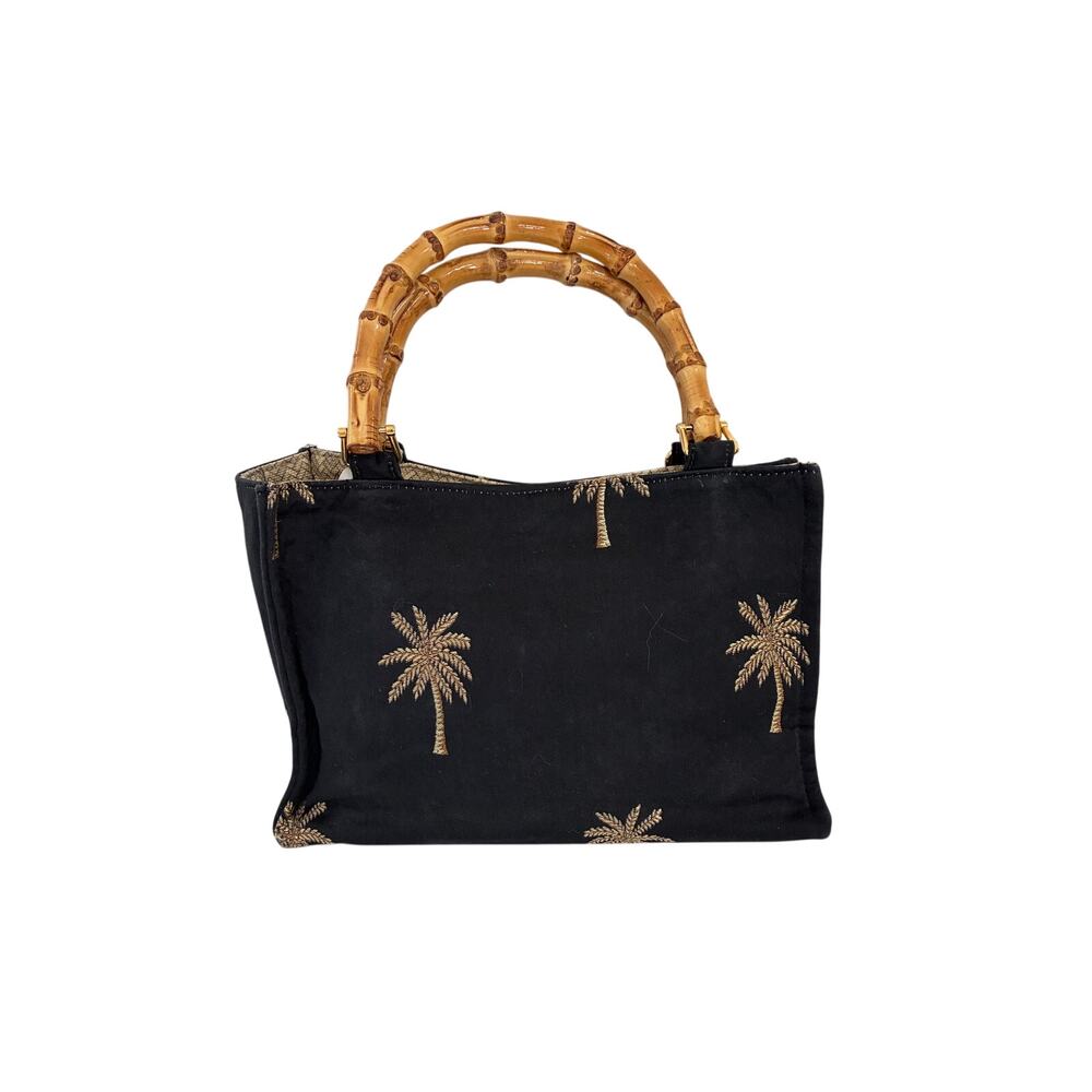 Queen Bee Bag Black Bamboo Handles Gold Palm Trees Herringbone Lining Pocket